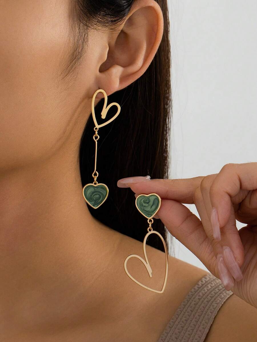 1 对金属不对称心形吊坠耳环，生日、周年纪念、约会礼物 - 綠色 - 查看 1