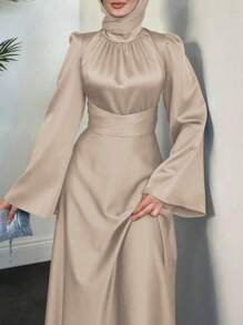 上衣春季新款修腰纯色长袖连衣裙配腰带女士优雅连衣裙优雅缎面复古连衣裙