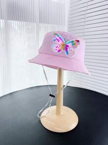 1pc Girls Sparkle Butterfly Rainbow Bucket Hat, Adjustable Kids Summer Sun Hat With Wind Rope, Spring/Summer - Pink Bow - View 7