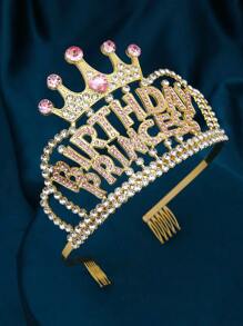1件欧美风格派对/婚礼/生日皇冠，合金水晶水钻新娘头饰 - 金色 - 查看 5