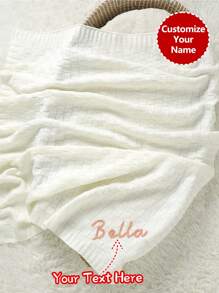 Custom Handmade Embroidered Name Plaid Knit Baby Blanket, Swaddle Wrap, All Seasons - White - View 1