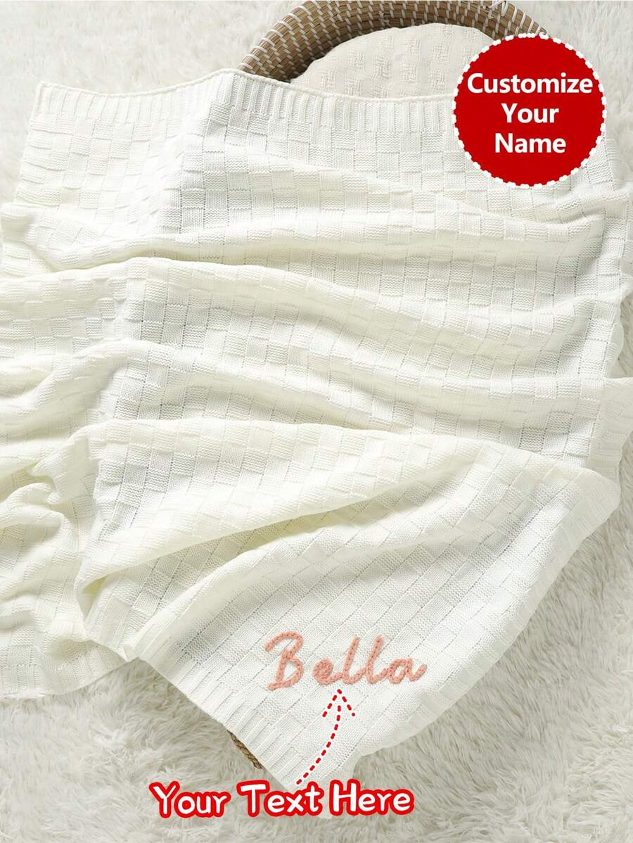 Custom Handmade Embroidered Name Plaid Knit Baby Blanket, Swaddle Wrap, All Seasons - White - View 1