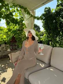 Women Solid Color V-Neck Backless Ruched Waist Bodycon Button Front Simple Daily Cover Up Long Dress Without Bikini, Summer Beach Vacation Women Sexy Crochet Sheer Maxi Boho Elegant Flowy Tie Sleeve Coverup Fall Hollow Out Dresses Relaxed Meshs, Spring Summer Fall