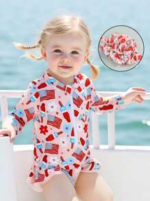 Toddler Girls Rash Guard Swimsuit Rompers Independence Day Print Baby Ruffles Bathing Suit Swimwear With Swim Cap - Orange - View 3