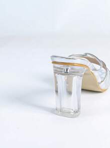 Sandales à talons hauts argentées, design carré à la mode avec talon en cristal, sandales mignonnes et élégantes, nouvelles mules à talons hauts pour l'été - Argent - Voir 6