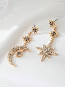 1 par de pendientes largos con diseño estrella y luna de estilo árabe de lujo con decoración de rhinestones, diseño bicolor versátil adecuado para uso diario y el Ramadán, regalo perfecto para familias