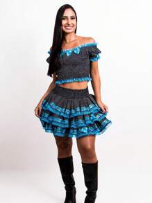 Conjunto Caipira Poá Saia e Blusa São João Festa Junina Arraía Bolinhas - Azul - Visão 2