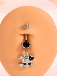 1pc Stainless Steel Rhinestone Skull Navel Ring, Suitable For Daily Wear, Music Festivals, Halloween