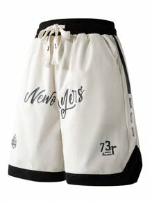 1pc Men's Boyfriend Style Loose Fit Striped & Letter Print Drawstring Waist Casual Bermuda Shorts, Suitable For Sports, Running, Summer