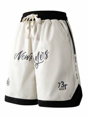 1pc Men's Boyfriend Style Loose Fit Striped & Letter Print Drawstring Waist Casual Bermuda Shorts, Suitable For Sports, Running, Summer
