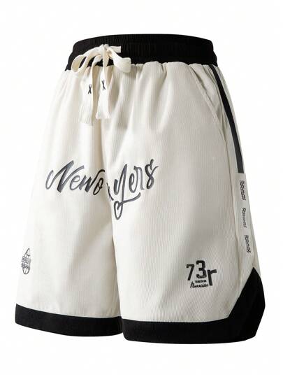 1pc Men's Boyfriend Style Loose Fit Striped & Letter Print Drawstring Waist Casual Bermuda Shorts, Suitable For Sports, Running, Summer