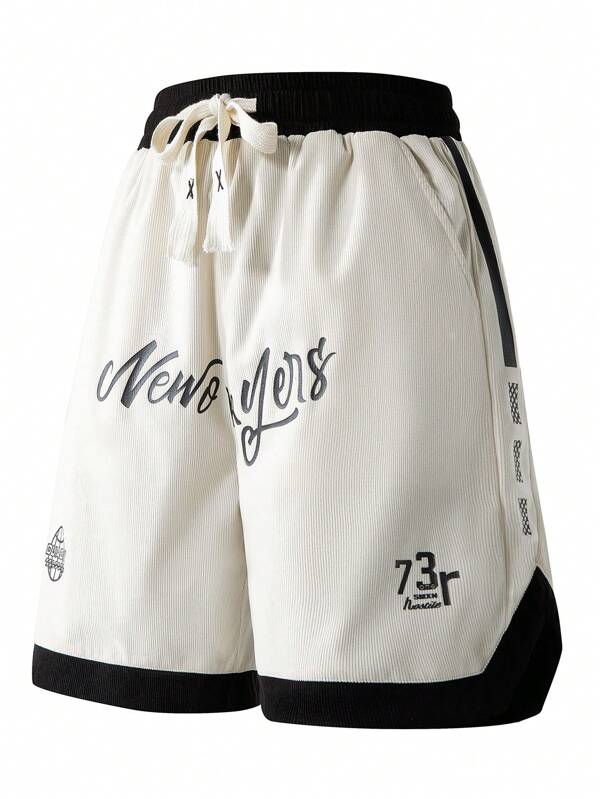 1 pièce Short bermuda décontracté à taille avec cordon de serrage, style boyfriend ample avec imprimé rayures et lettres. Convient pour les sports, la course, l'été
