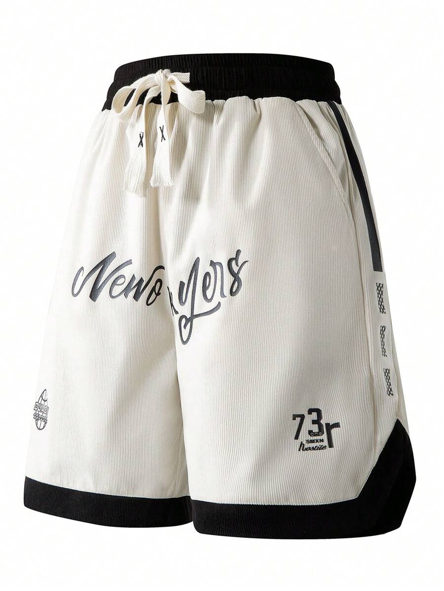 1pc Men's Boyfriend Style Loose Fit Striped & Letter Print Drawstring Waist Casual Bermuda Shorts, Suitable For Sports, Running, Summer