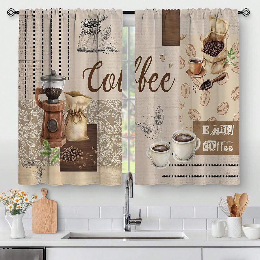 2 Panel 28"X40" Coffee Vintage Kitchen Curtains - Restaurant Cafe Beans Theme Rustic Small Short Curtains Farmhouse Tier Curtains Decor For Living Room Rod Pocket Window Drapes - 28x40inch-2pc(28x40吋-2件) - 查看 1