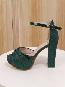 2025 秋冬女士防水厚底露趾坡跟凉鞋，夜店派对风格，春夏，性感，女士高跟鞋 - 墨綠色 - 查看 7