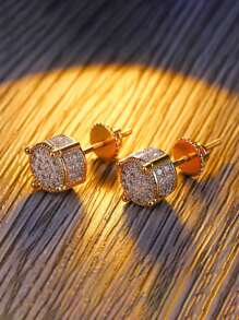 1 Pair Of Luxurious Retro S925 Sterling Silver Hip-Hop Men'S Earrings With Synthetic Zirconia Micro Inlaid 14k Gold Plated Round Earrings Suitable For Daily Party Wear