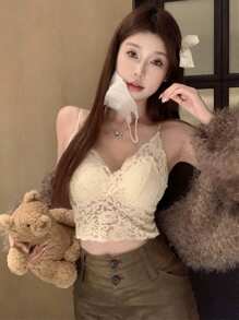 性感蕾丝 V 领吊带背心，带衬垫，无袖短款上衣，优雅修身露背设计 - 杏色 - 查看 4