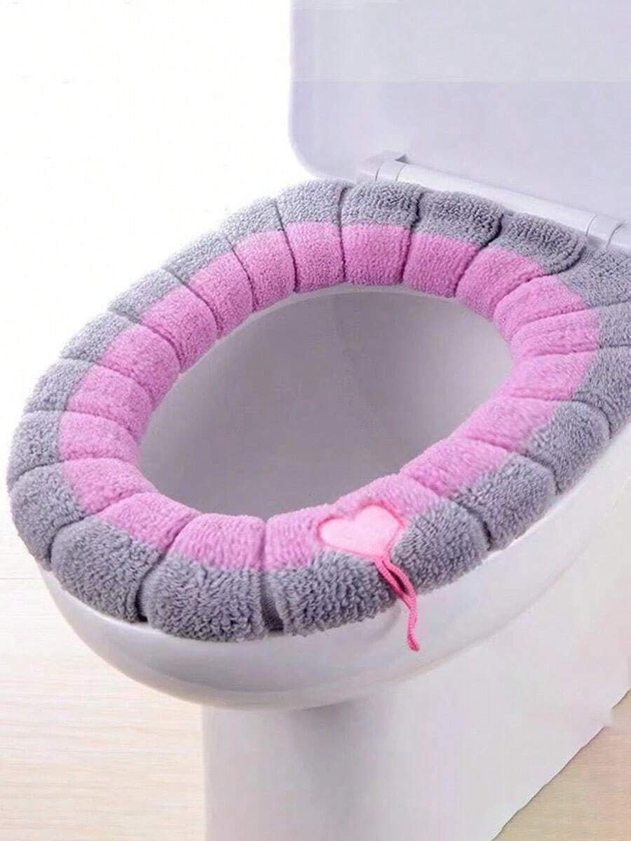 1 Pack Stitched Color Portable Knitted Toilet Mat Thickened Washable Antifreeze Toilet Cover Thickened Knitted O Type Universal - Pink - View 1