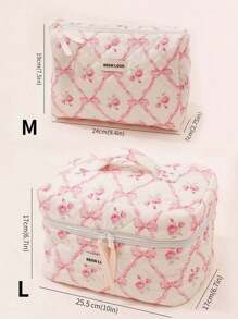 1Pc/Set Bow Knot & Rose Design Quilting Cosmetic Bag, Fashionable Portable Makeup Bag, Multi-Functional Storage Bag For Lipstick, Sanitary Napkin, Coins, Keys Etc, Large Capacity Lovely Wash Bag For Travel Organizer Cosmetic Bag For Travel, Mother's Day Gift, Valentine's Day, Anniversary. Summer Travel, Vacation Home Bathroom Decor Holiday Makeup Organizer Bathroom Accessories Back To School