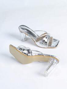 Sandales à talons hauts argentées, design carré à la mode avec talon en cristal, sandales mignonnes et élégantes, nouvelles mules à talons hauts pour l'été - Argent - Voir 5