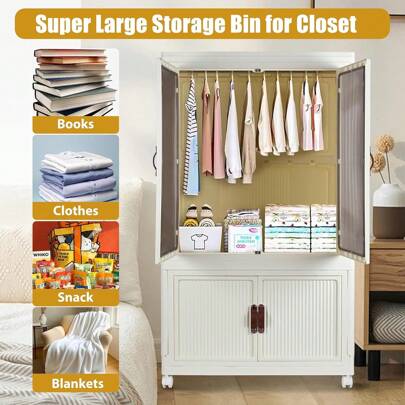 Portable Closet Wardrobe, Folding Storage Bins With Lid, Stackable Storage Box With Hanging Rod And Doors, Collapsible Plastic Clothes Cabinet With Wheels, 10 Hangers For Clothes, Bedroom And Office