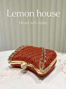 1 件橙色闪亮水钻装饰手提包，时尚优雅手拿包，适合晚间鸡尾酒会、婚礼、宴会 - 橘色 - 查看 6