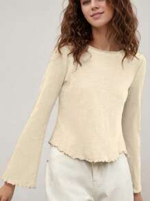 tooluck Womens Crew Neck Solid Lettuce Trim Trumpet Sleeve Tee - 米色 - 查看 1