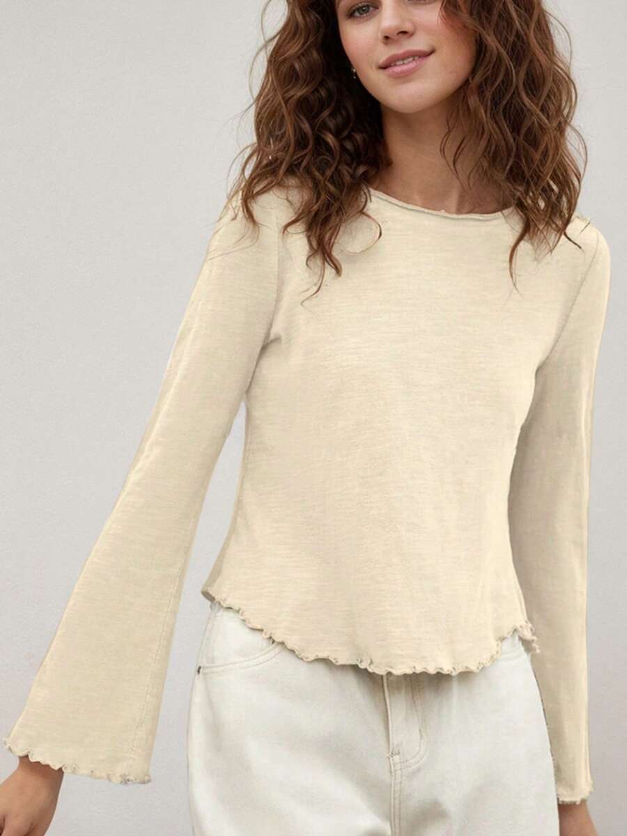 tooluck Womens Crew Neck Solid Lettuce Trim Trumpet Sleeve Tee - 米色 - 查看 1