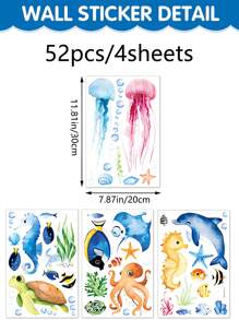52件/4張海洋牆貼，水下牆貼，可移動海洋生物，海洋動物貼紙，水下海洋生物牆面裝飾，可撕貼藝術，適用於臥室、客廳、浴室，可愛風格 - 彩色 - 查看 6