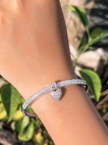 1pc Sparkling Micro Pave Cubic Zirconia Dangling Heart Shape Charm Open Bangle Bracelet For Women, Daily Engagement Wedding Party Jewelry Accessories