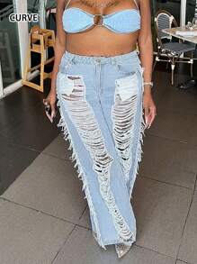 Quần Jeans Ống Thẳng Rộng Rách Phong Cách Đường Phố Của Mỹ Dành Cho Phụ Nữ Cỡ Lớn - Rửa nhẹ - Xem 2