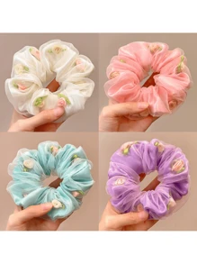 1 件/4 件女士网状玫瑰花发圈，高弹力发带不易起皱，波西米亚风格发饰家居浴室装饰夏季