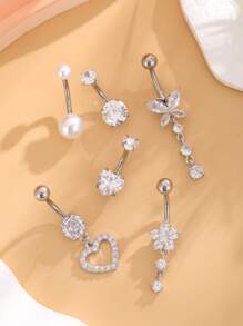 Set de 6 anillos de ombligo de acero inoxidable con forma de mariposa, corazón y perlas falsas, y anillos de ombligo con forma de corazón de doble garra para mujeres