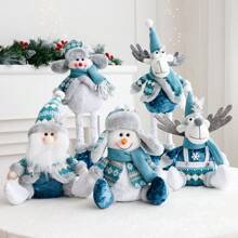 1 件蓝色圣诞节侏儒毛绒装饰 3 件套手工制作的驯鹿雪人圣诞老人侏儒创意圣诞节冬季分层托盘和家居餐桌装饰 - 藍色坐姿 - 查看 6