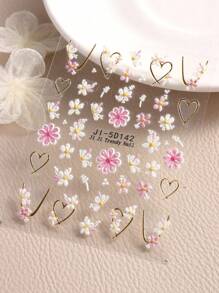 2 Pieces Of Spring And Summer Hot Stamping Flower Heart-Shaped Relief Nail Art Stickers - Gold, Pink, White Flowers, Hollow Heart-Shaped Flower Art Design, 5d Relief Technology, Suitable For Women's Disposable Self-Adhesive Back Adhesive Nail Art Stickers, Spring And Summer Fresh And Simple Hot Stamping Flower Theme Style, Easy To Stick Nail Decoration Stickers