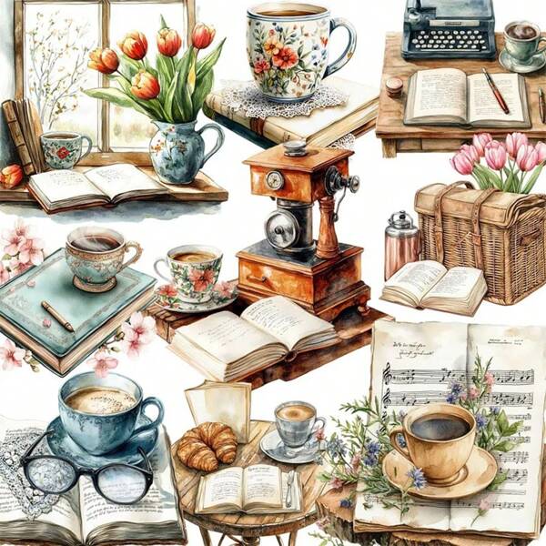 1 Pack Vintage Garden Coffee Book Scrapbooking Decorative Stickers, Creative Craft Stickers For DIY Cutting, Notebook, Diary, Album, Photo, Stationery, School Supplies