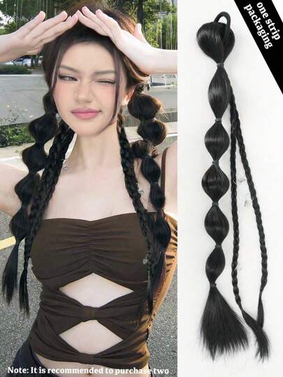 شعر طبيعي مستعار مستقيم طويل مع ضفيرة بوبل طبيعية مضفر بطريقة الضفائر وذيل حصان بربطة مطاطية، موضة طبيعية