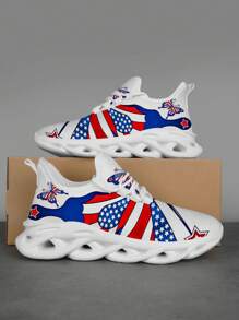 White Mesh Sports Sneakers With Round Toe American Flag Design, Casual Low-Top Men's Shoes, Wholesale - Red - View 5