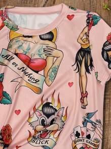 Women's Short Sleeve Round Neck Knit Fabric Regular Length T-Shirt, Unique Printed Pattern, High Elasticity Regular Hem - Pink - View 4