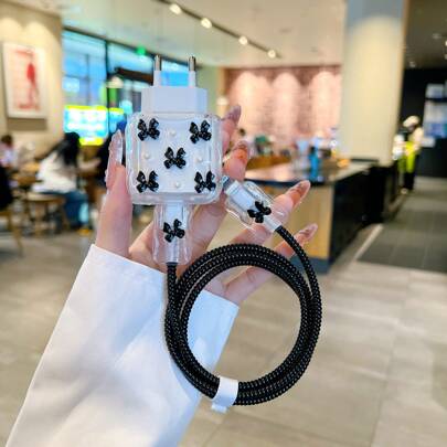 5-Piece 20W EU Charger Case Set With Resin Bow Accent - All-In-One Cable Protector, Clip Holder & Cord Organizer Charger Protector