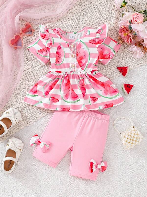 2pcs Baby Girls Watermelon Stripe Print Cap Sleeve Tops & Bow Shorts Set, Casual Fashion Spring/Summer