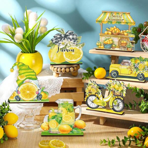 6pcs/Set Lemon Wood Decor, Summer Wooden Table Sign, Lemon Tiered Tray Decoration, Suitable For Home, Kitchen, Party Gifts Birthday Graduation