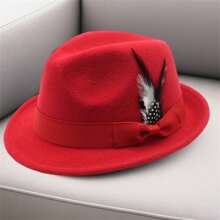 Feather Hats Vintage Short Brim Felt Fedora Hats For Women Men Jazz Hats - Đỏ - Xem 2