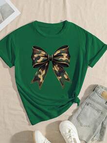 Women Camouflage Bow Design Round Neck Short Sleeve Casual Basic T-Shirt, Summer