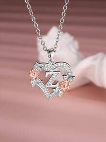 Tsnamer 1 Stück exquisiter Halskette mit kubischem Zirkonia-Initialen und herz-geschnitztem 26 Buchstaben A-Z sowie Blumen, Damen Schmuck für den täglichen Gebrauch