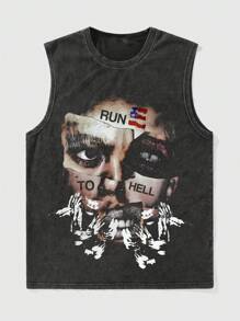 Men's Round Neck Casual Loose Vintage Acid-Washed Print Sleeveless Tank Top - Black - View 2