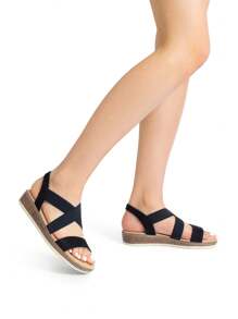 Women Low Wedge Heels Sandals Cross Strappy Slip On Flat Sandals Summer Comfortable Dressy Casual Vacation Walking Shoes  Black-Suede - 黑色 - 查看 6