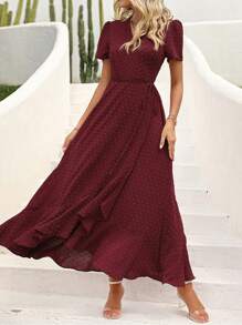 Women's Summer Wrap Dress Casual Boho Chic Floral V-Neck Short Sleeve Flanged Beach Holiday Dress - Màu Đỏ Sâu - Xem 7