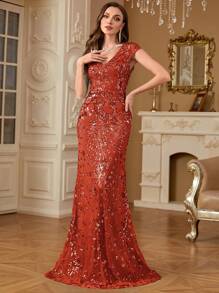 hezixi Đầm dạ hội sang trọng đính sequin lấp lánh, kiểu đuôi cá dài, đầm dự tiệc cưới, cocktail cao cấp, phù hợp cho khách mời dự đám cưới. - Màu Cam cháy - Xem 7