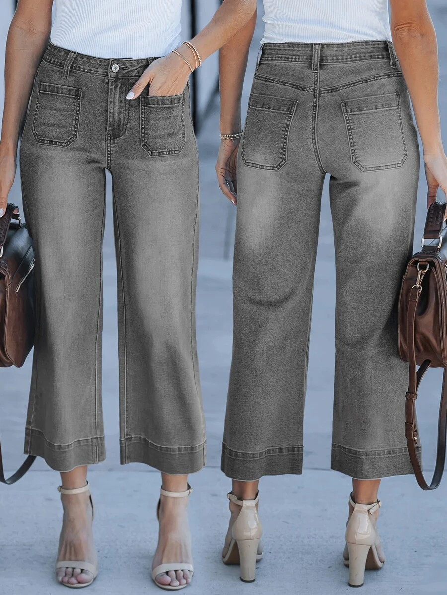 新款女士水洗七分牛仔裤，时尚性感裤装 - 灰色 - 查看 1